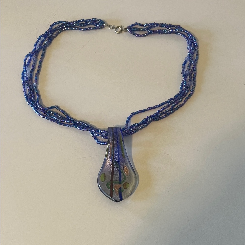 Handcrafted Blue Glass Teardrop Pendant Multi-Strand Beaded Necklace